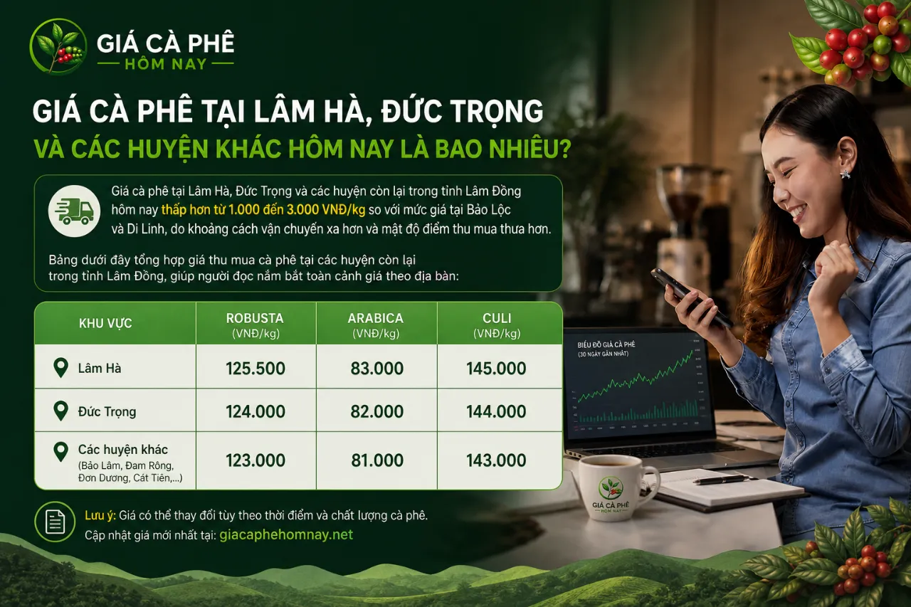 Giá cà phê tại Lâm Hà, Đức Trọng và các huyện khác hôm nay là bao nhiêu?