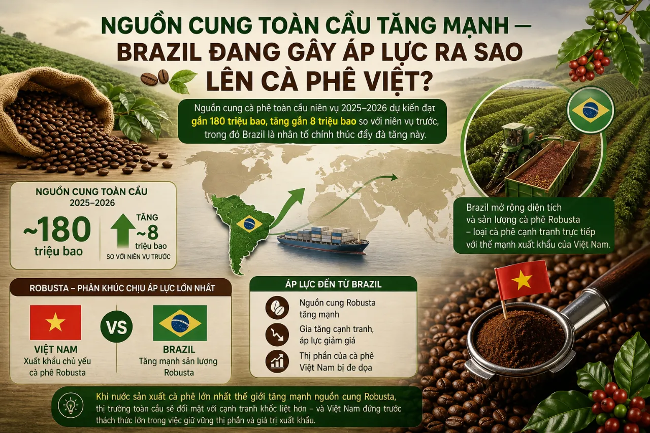 Nguồn cung toàn cầu tăng mạnh — Brazil đang gây áp lực ra sao lên cà phê Việt?
