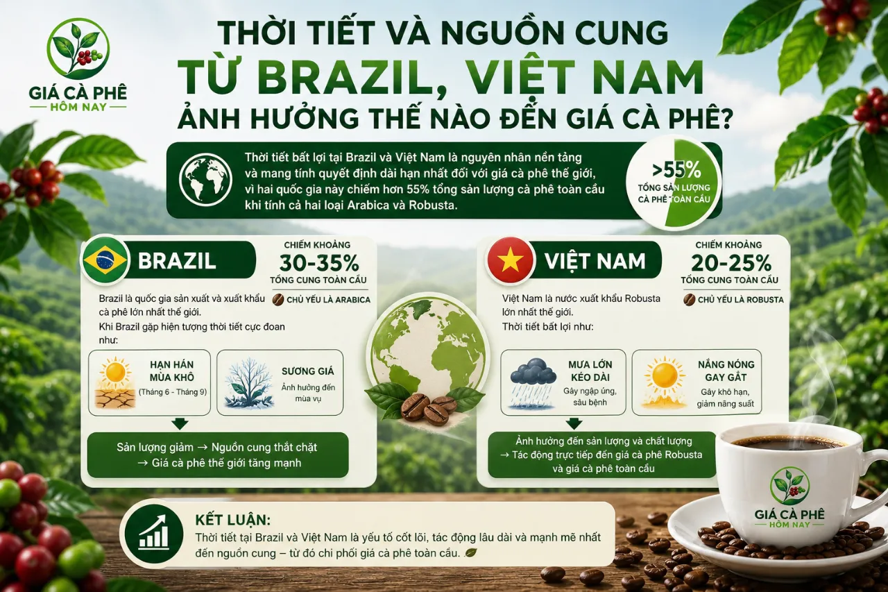 Thời Tiết và Nguồn Cung Từ Brazil, Việt Nam Ảnh Hưởng Thế Nào Đến Giá Cà Phê?