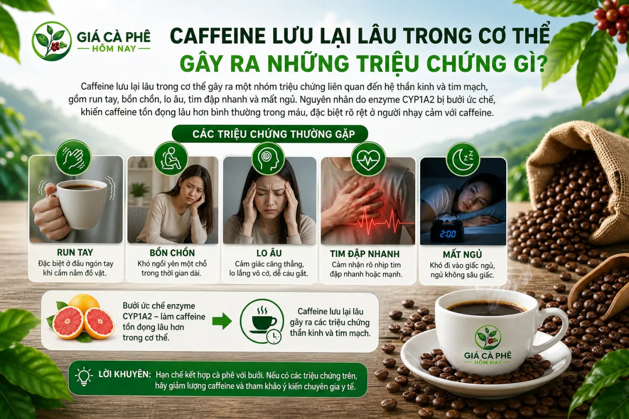 Caffeine lưu lại lâu trong cơ thể gây ra những triệu chứng gì?