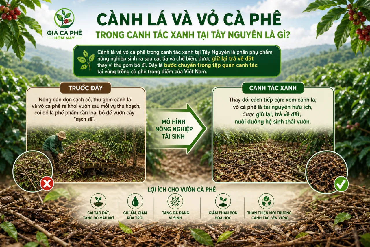 Cành lá và vỏ cà phê trong canh tác xanh tại Tây Nguyên