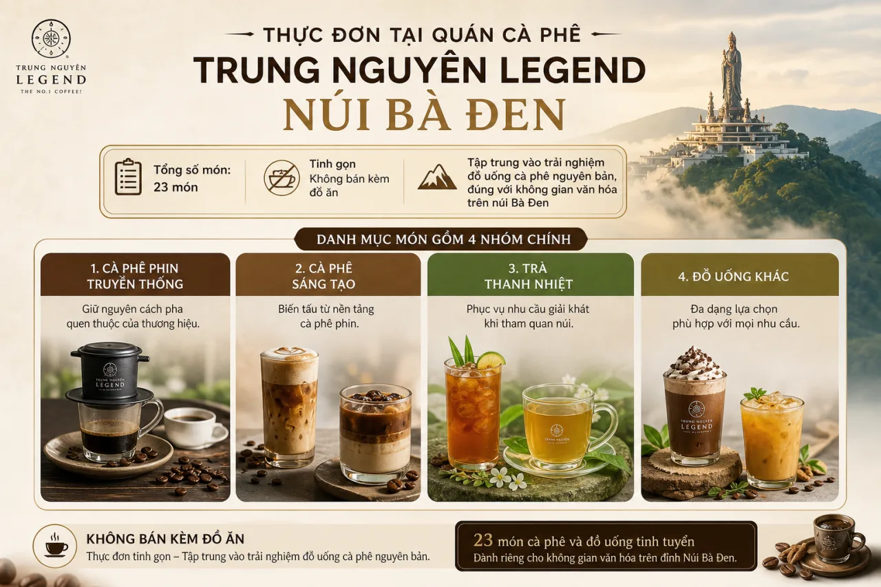 Thực đơn tại quán cà phê Trung Nguyên Legend núi Bà Đen gồm những gì