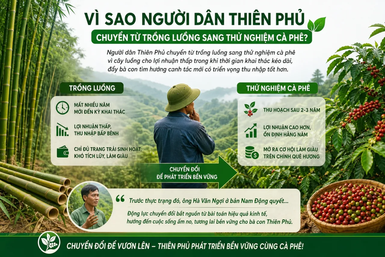Vì sao người dân Thiên Phủ chuyển từ trồng luồng sang thử nghiệm cà phê?